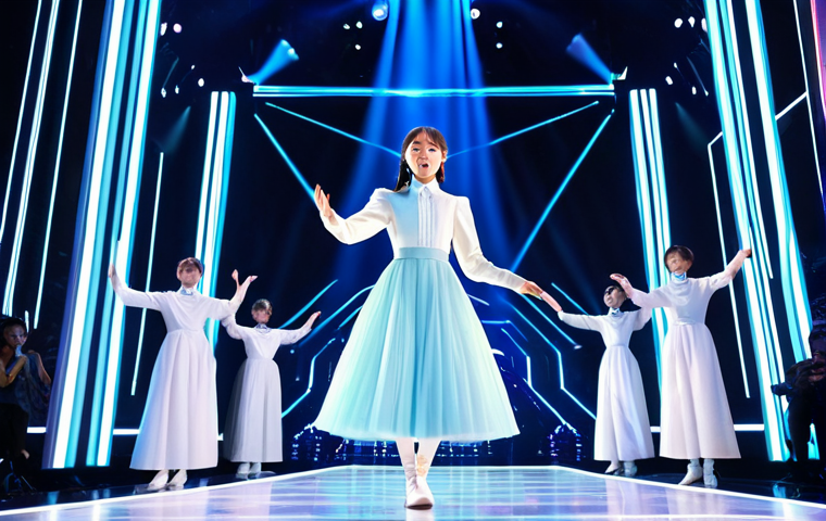 A professional K-Pop idol, a female dancer in a modest, stylish performance outfit, fully clothed, performing on a large, futuristic concert stage. Dynamic, vibrant lighting illuminates the scene. The idol appears as a glowing, ethereal hologram, mid-dance, with incredible detail and volumetric presence, surrounded by subtle light effects. A blurred, diverse audience in the foreground is mesmerized, captivated by the immersive experience. The atmosphere is energetic and high-tech. Professional photography, high resolution, perfect anatomy, correct proportions, well-formed hands, natural body proportions, natural pose, safe for work, appropriate content, fully clothed, professional, family-friendly.